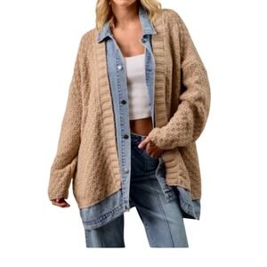 BIBI NWT SZ LGE Denim Trucker Cardigan Sweater Combo Tan Knit Oversized Layering